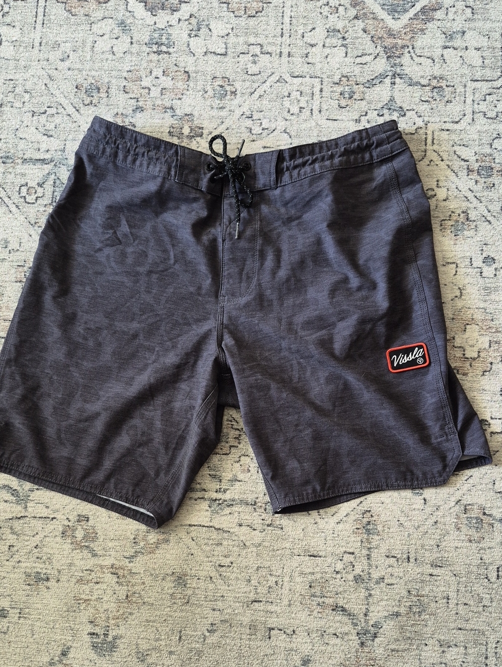 VISSLA Dark Charcoal Black Swim Board Shorts with Logo Patch